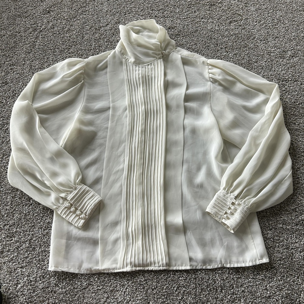 Vintage Chaus Blouse Womens 10 White High Neck Pleated Puff Sleeve Hong Kong